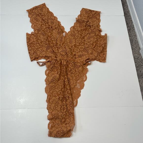 We Are HAH Free People Cut To The Chase Lace Bodysuit in Brown Sugar - Picture 13 of 14